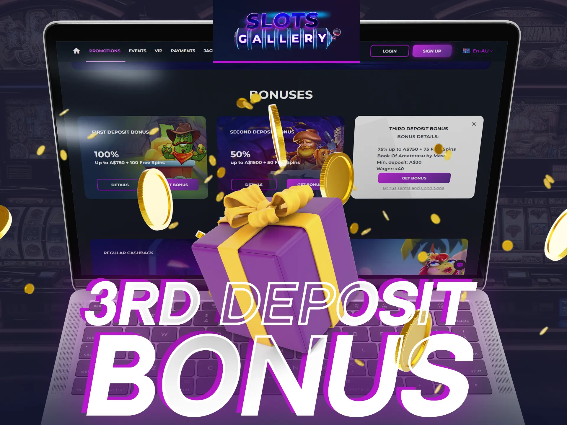 Get increased deposit and free spins with 3rd deposit bonus from Slots Gallery.