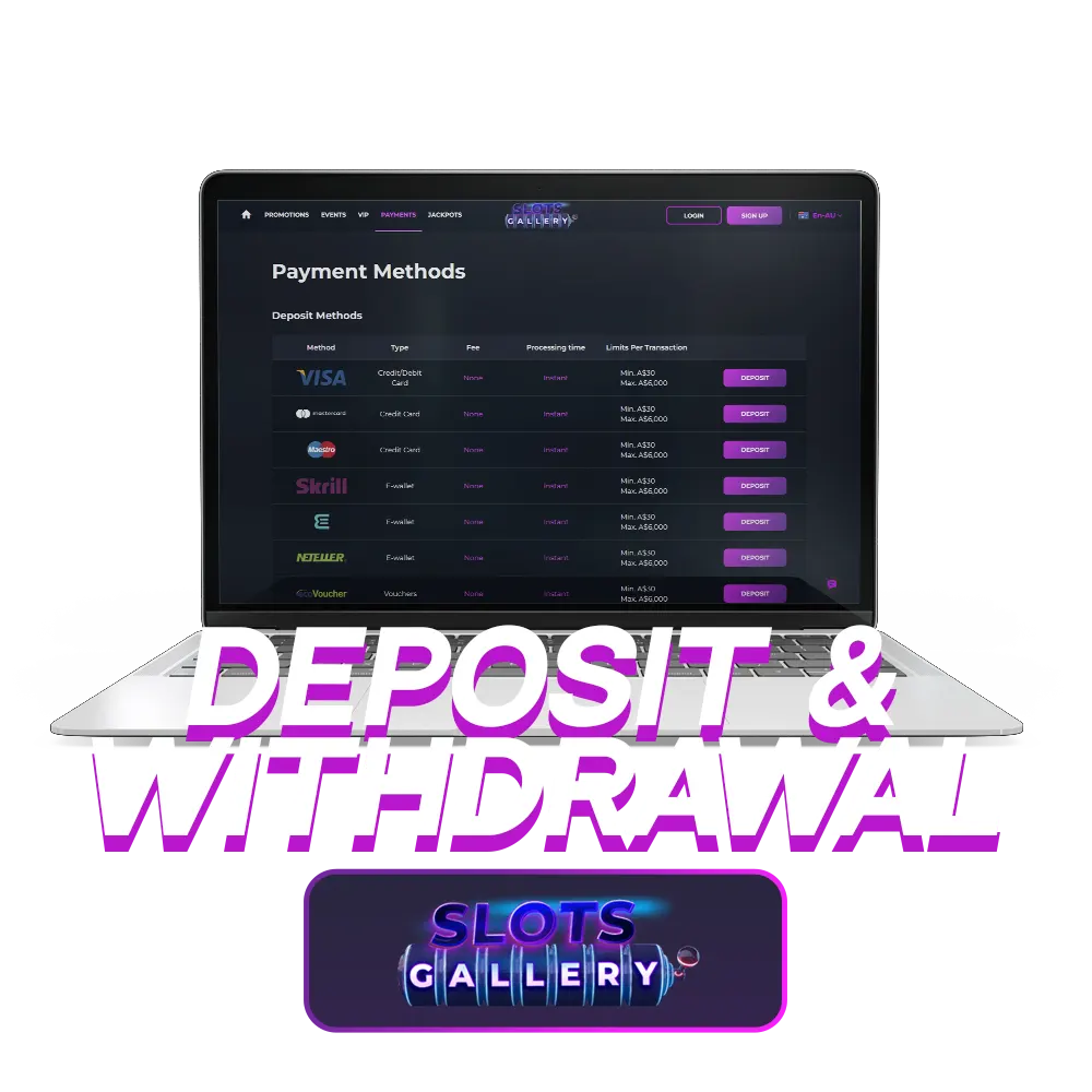 Find out about deposit and withdrawal possibilities at Slots Gallery.