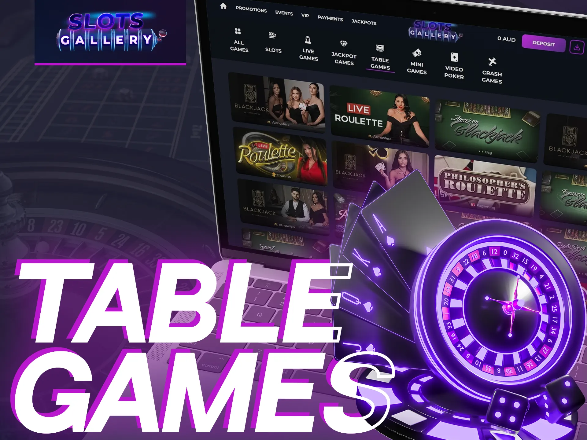 Play blackjack, roulette, and more in Slots Gallery's table games.