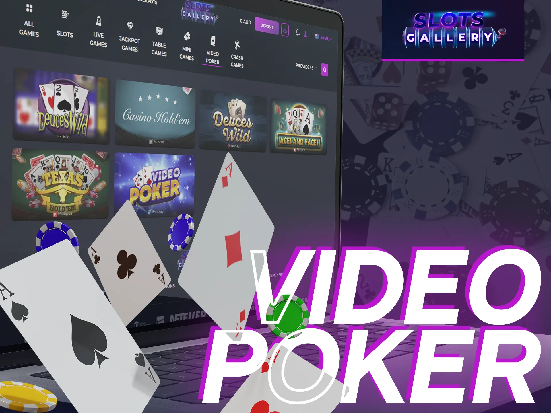 Try quick, simple Video Poker at Slots Gallery casino.