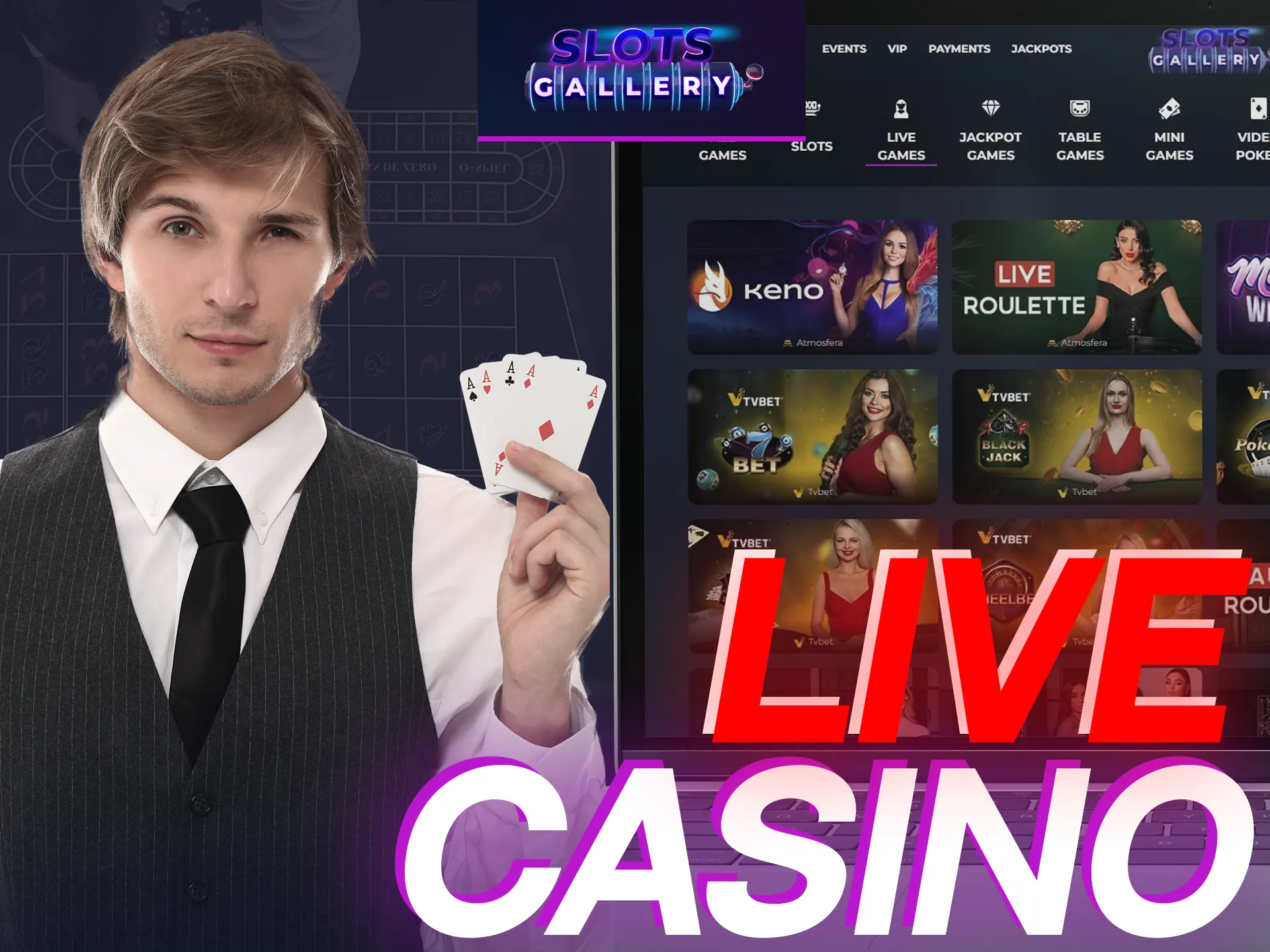 Experience live dealer games at Slots Gallery`s casino for interactive fun.