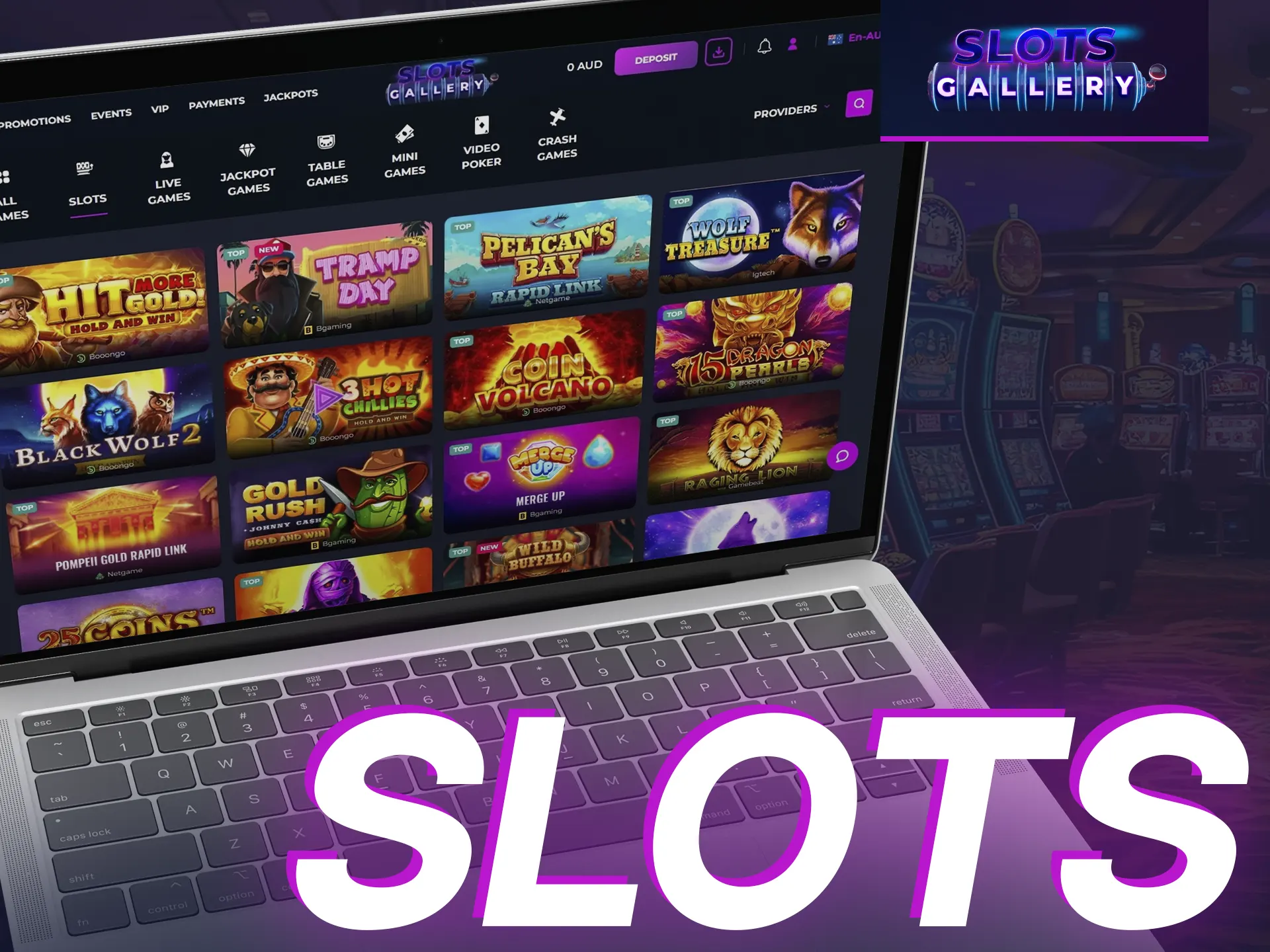 Play Slots Gallery's variety of colorful, fast-paced slot machines.