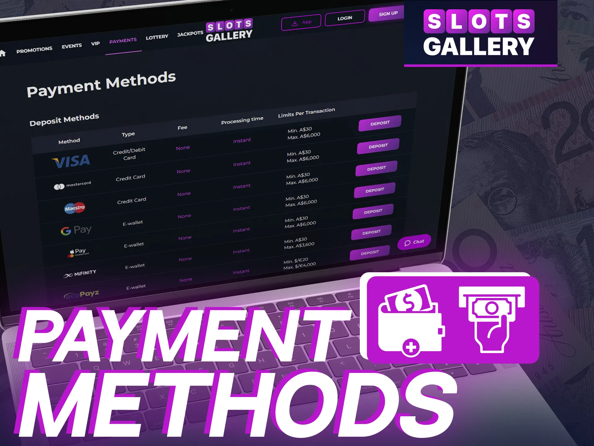 Slots Gallery offers various payment methods for Australians.