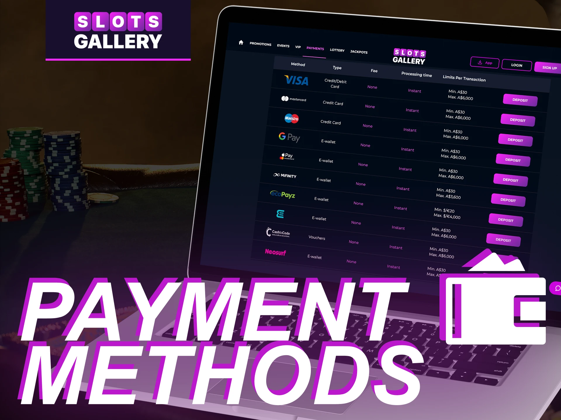 What payment methods are offered to players by the online casino affiliate program Slots Gallery.
